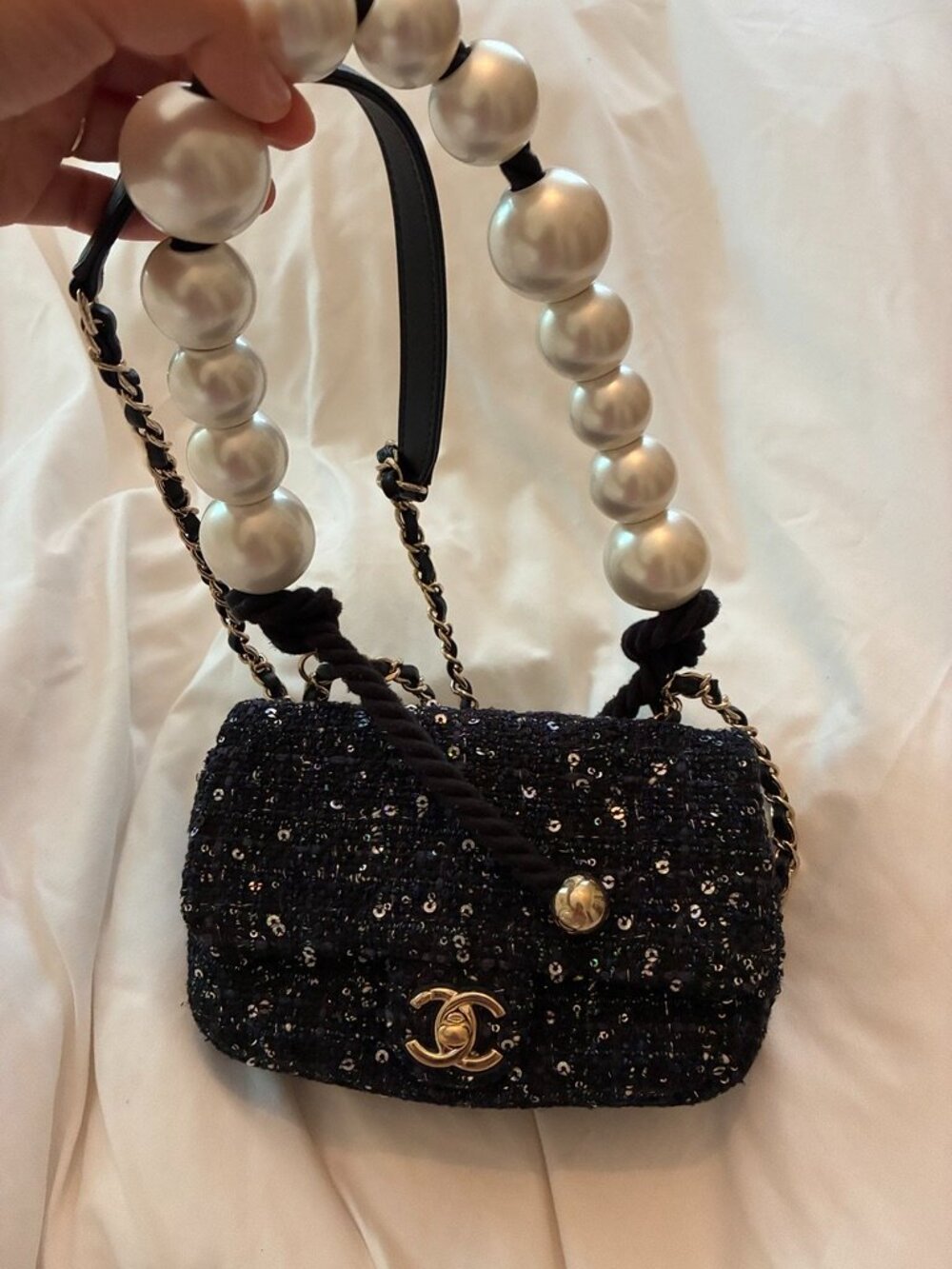 Chanel Top Pearl Handle Flap Bag Mini Tweed Sequin